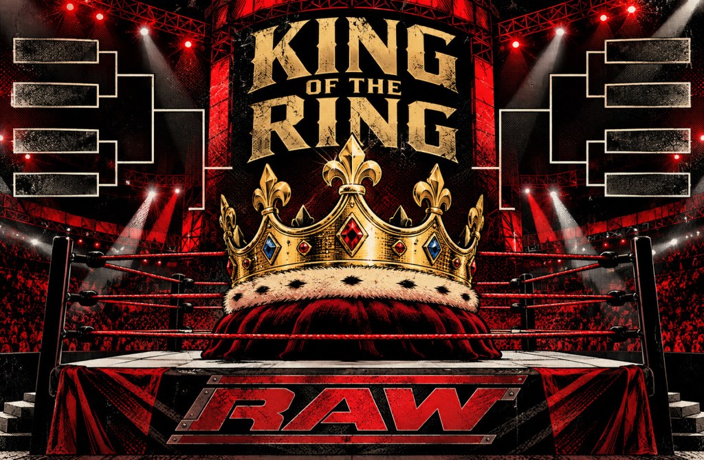 AI-generated image of King of the Ring logo and crown in WWE Raw wrestling ring.