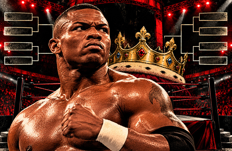 AI-generated image of Shelton Benjamin standing in front of King of the Ring crown